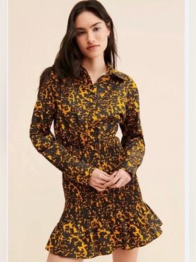 NWT Free People Third Form Blur Out Shirred Shirt Dress Orange & Black Ruched